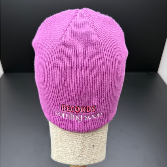 Bright Pink Knit Beanie Hat with Graphic Patch